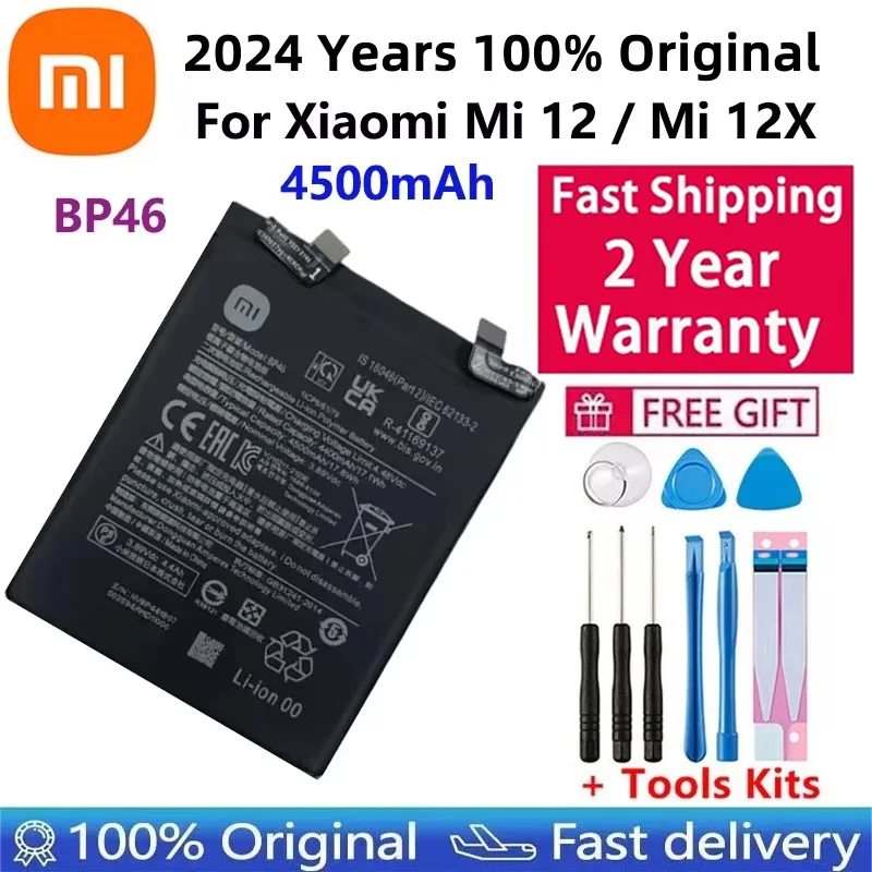 

2024 Years Original New Genuine Phone Replacement Battery BP46 For For Xiaomi Mi 12 / Mi 12X Batteries Bateria 4500mAh +Tools