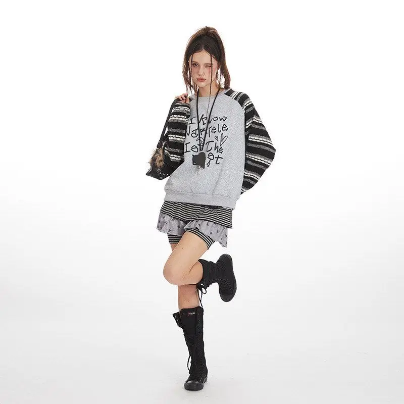 HeyHenry2025 Retro Harajuku Dames Losse Kleur Blo Casual Lange Sve Ronde Ne Sweatshirt Gedrukt Herfst Winter