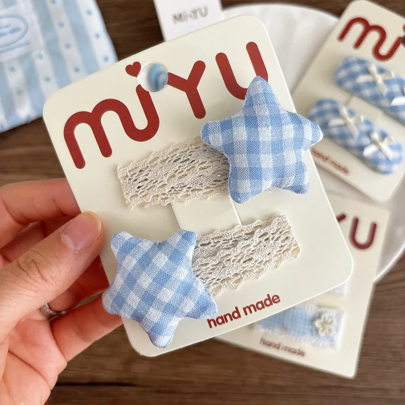 Sweet Korean Style Blue Lace Plaid Padded Star BB Clips Cute Girls Side Bangs Barrettes Delicate Daily Kids Hair Accessories