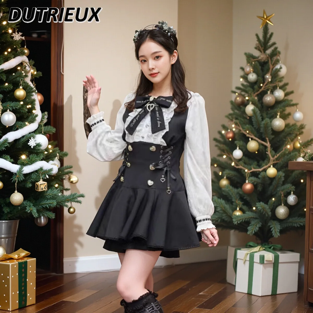 

Japanese Lolita New Mine Sweet Girls Plaid Long-sleeved Slimming Dress and Bow Short Skirt Two Piece Sets Womens Outifits