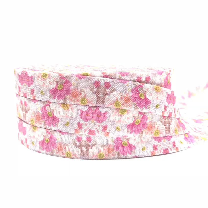 10Y 15MM Flowers Daisy Print Fold Over Elastic Flowers FOE Ribbon Headwear Party Gift Packing Sewing Home Decoration Wholesale