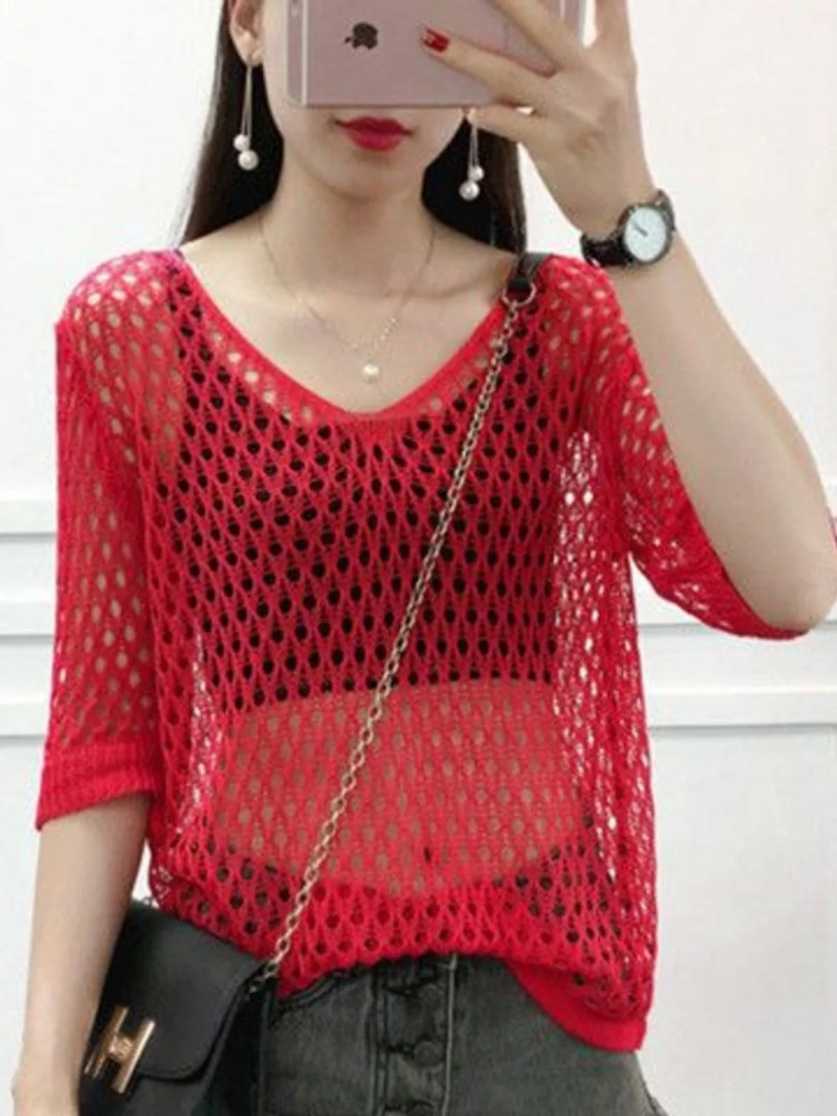 

Летняя женская футболка в корейском стиле, ажурная, вязаная, из ледяного шелка, тонкая, облегающая, универсальная, для весны и осени...