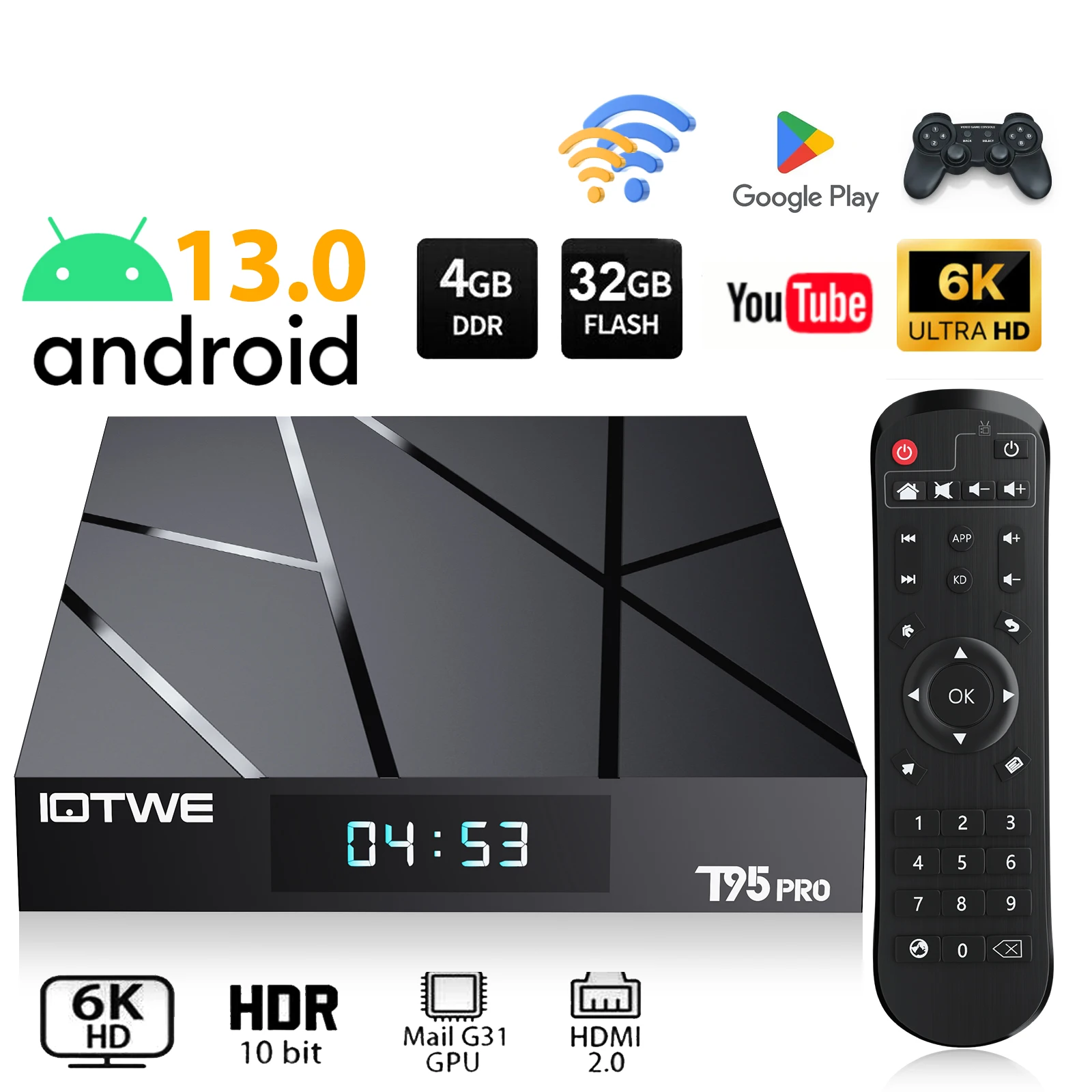 T95Pro Android 13.0 6K HD TV Box 4+ 32GB Quad Core HD Bluetooth Media Player WIFI6 Bluetooth 5.0 HDMI