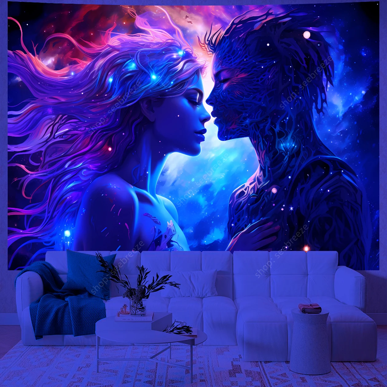 Tantric Couple UV Tapestry Wall Hanging Romantic Art Kawaii Room Decor Aesthetics Boho Mandala Yoga Mat Valentine's Day Gift