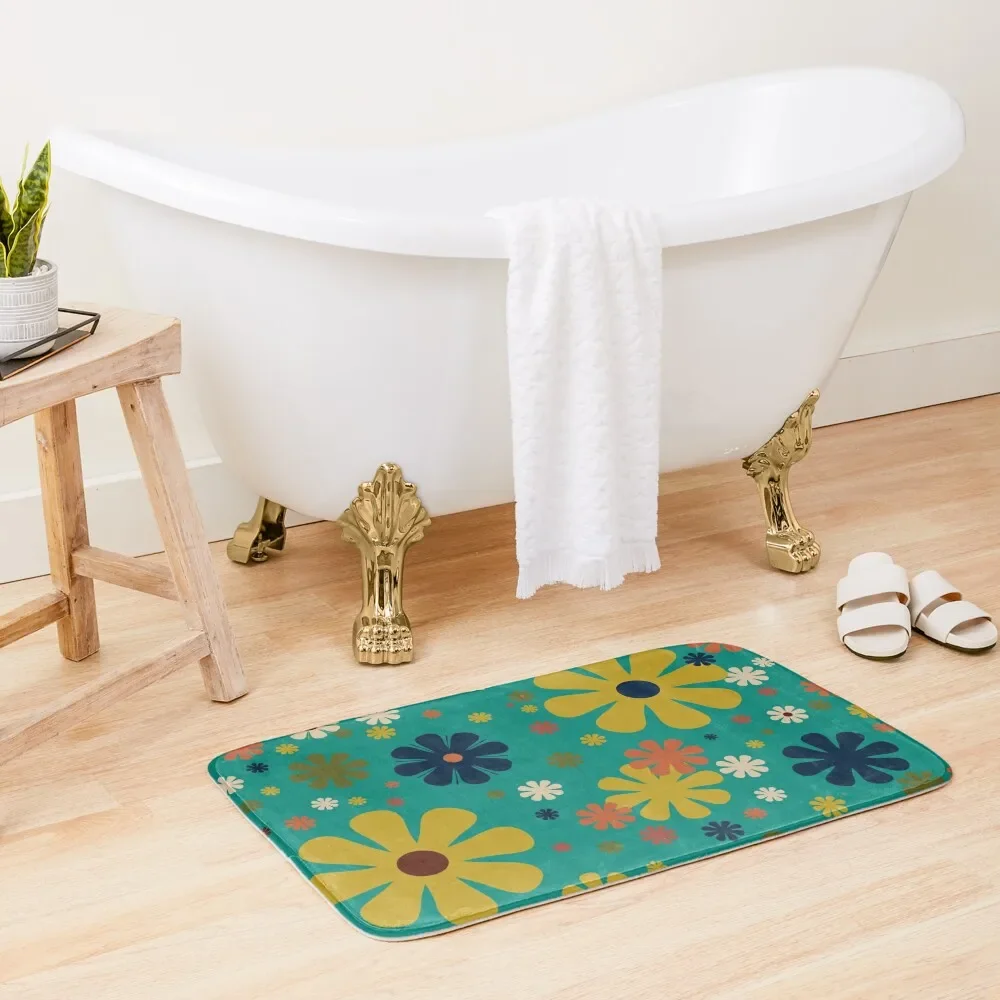 

Flowerama - Retro 60s Floral Pattern in Mid Mod Mustard, Olive, Orange, Beige, and Turquoise Teal Bath Mat