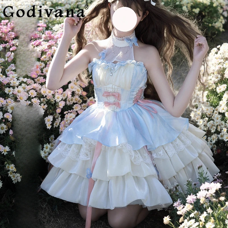 

Apricot Blue Girl Cute Fairy Dress Women's Halter Strap Lolita Princess Puffy Dress Female Summer Sleeveless Sweet Dress