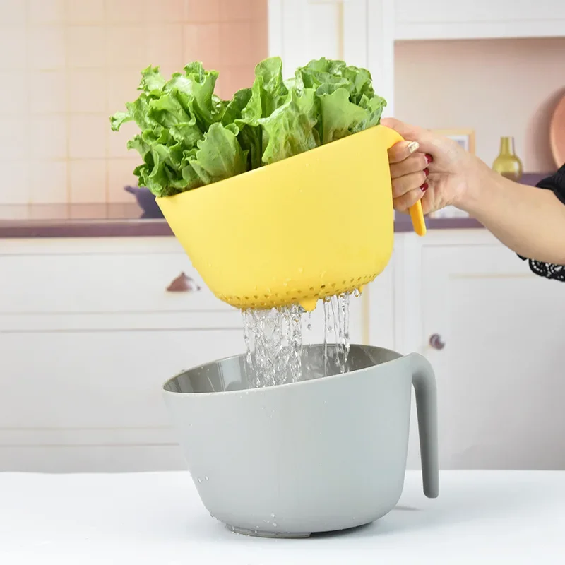 2 In 1 Colander With Long Handle Strainer And Mixing Bowl, Fruit Vegetable Washing Basket, Double Layered Strainer, Non-slip Bot