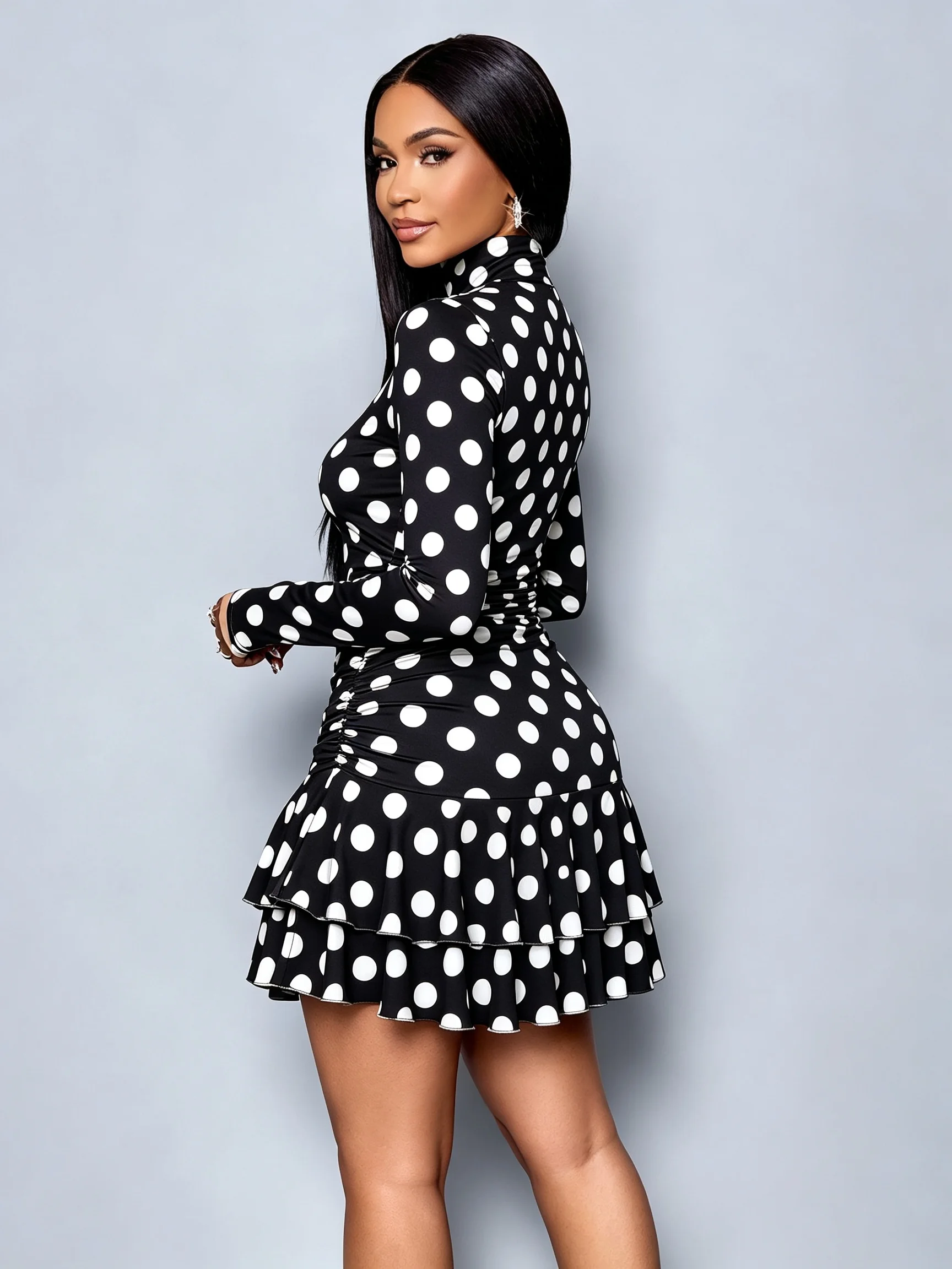 Women's Autumn High Neck Polka Dot Print Dress Casual Elegance Long Sleeve Waist Cinched Mini A-Line Skirt