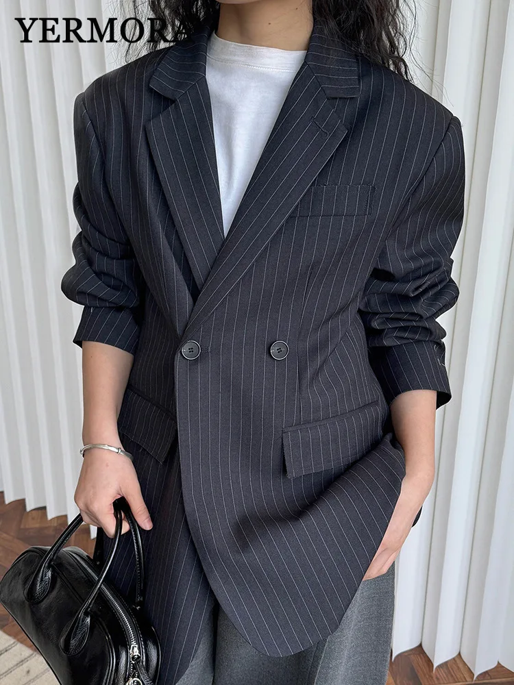 

YERMORA Black Striped Back Slit Casual Blazer For Women Lapel Long Sleeve Loose New Jacket Fashion Tdie Srping Autumn 2025