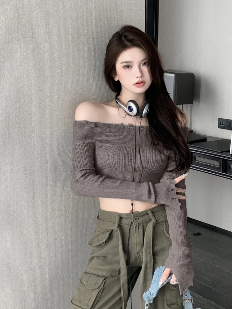 Woherb Sweet Ripped Y2k Sweater Women Sueter Mujer Off Shoulder Crop Top Jumper Casual Knitted Pullovers Tops Korean Pull Femme