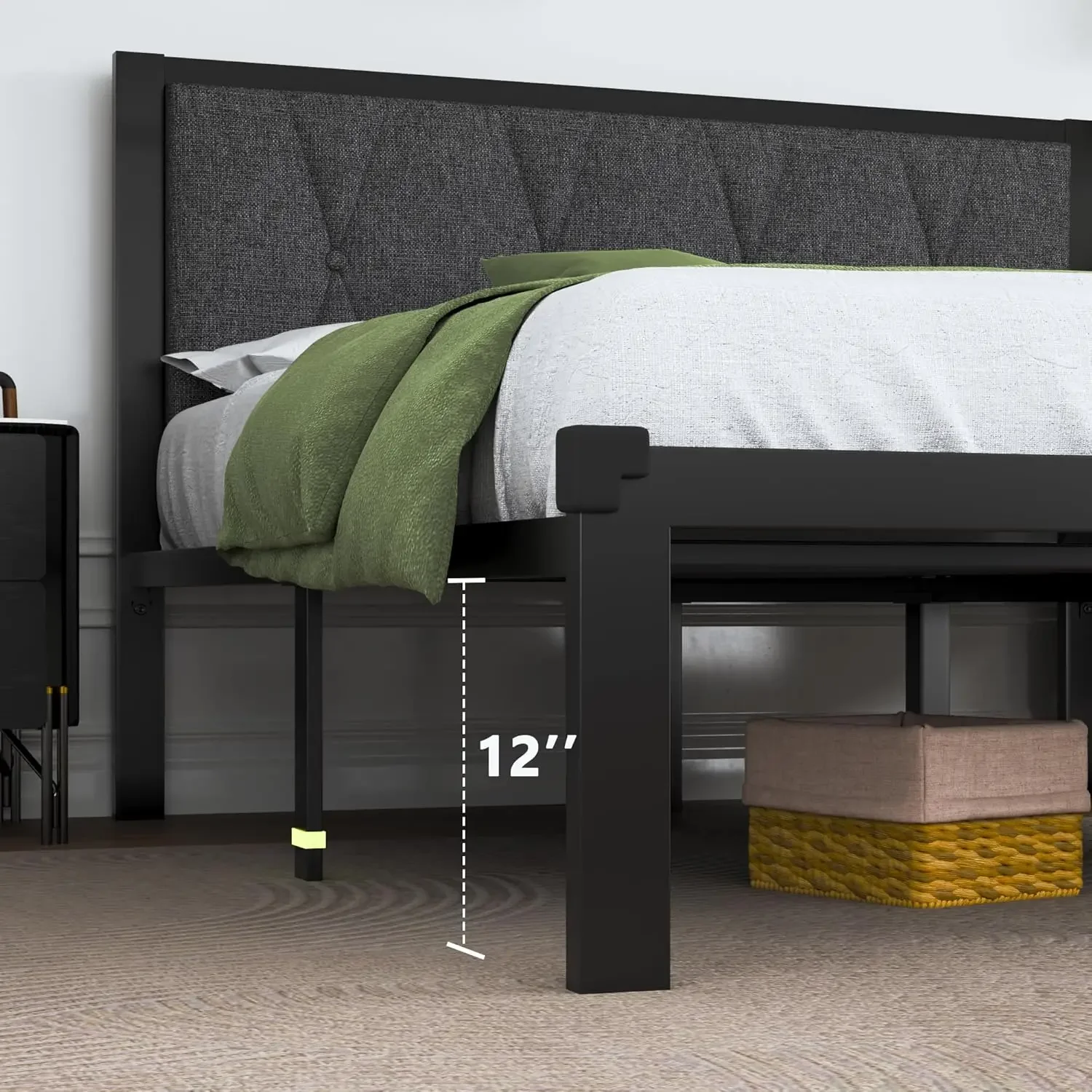 Metalen Bedframe Met Getufte Hoofdeinde Van Stof, Platform Bedframe Met Zware Metalen Latten, 12 "Opbergruimte