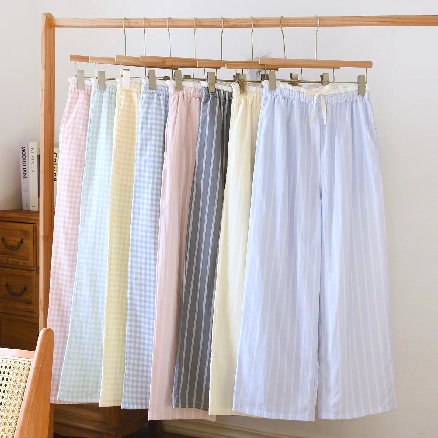 

Женские пижамные брюки из двухслойной хлопковой марли с завязками на талии, разноцветные, для весны и лета