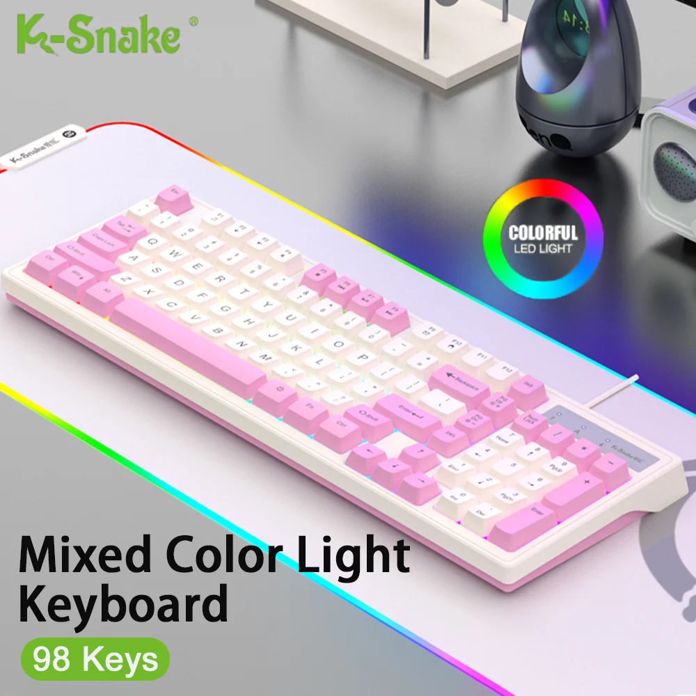 K-Snake Mixed Color Light Wired Gaming Keyboard 98 Keys Mechanical Feel e-sports Keyboard and Mouse Set for Laptop,Gaming,Office