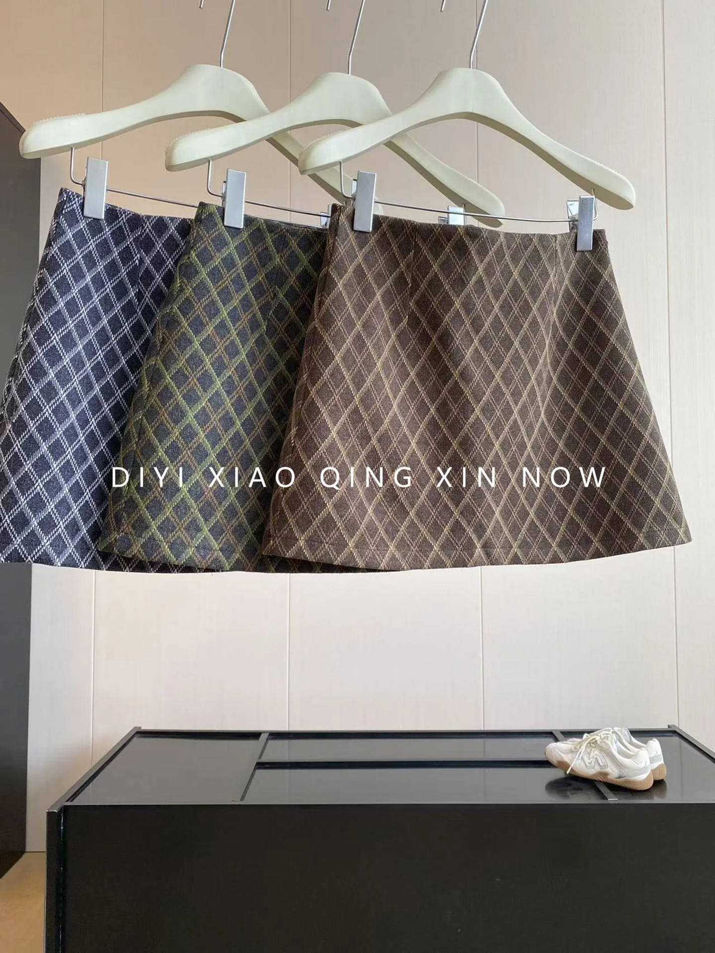 DIYI Green Grids Wool Blend Herringbone Tweed Skirt Women's High Waist A-Line  Skirt Autumn Winter Fashion Ladies Skirts