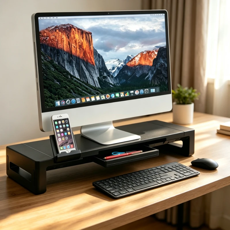 USB 3.0 Monitor Riser with Three Length Settings, Independent Phone Fast Charging, Storage Box plus Decorative Desktop Lighting