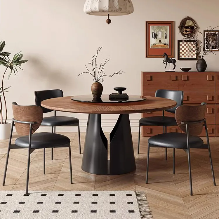 ir- Retro Solid Wood Round Dining Table Chair Set Black Walnut Inlaid Pattern Mid-Century Modern Style Home Small Apartment-
