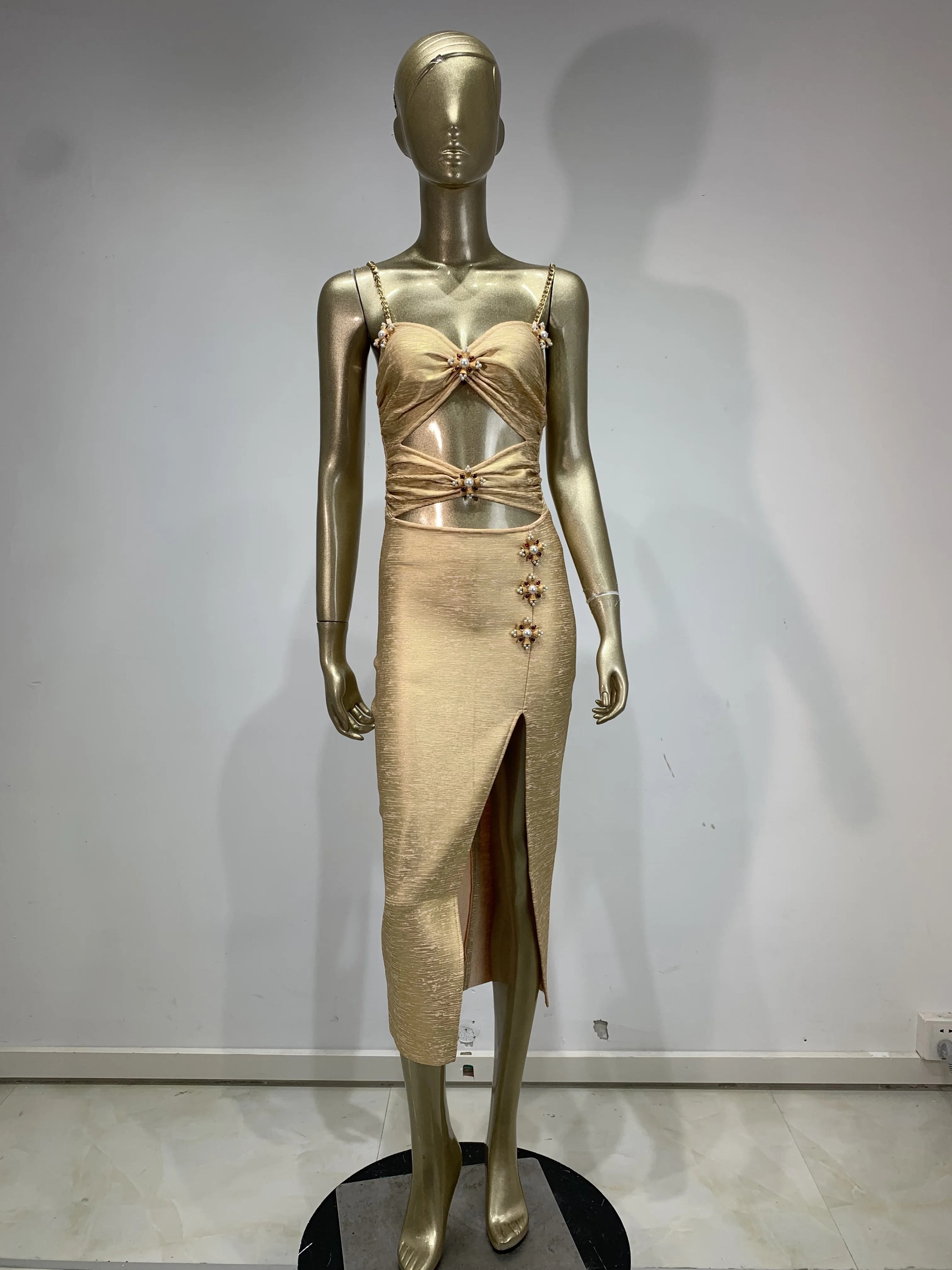 レディース サマー ゴールド ブロンズ バンテージ ドレス スパゲッティストラップ カットアウト オープンレッグ ミディ丈 カーフ丈 セレブリティ イブニング クラブ パーティー ドレス 誕生日