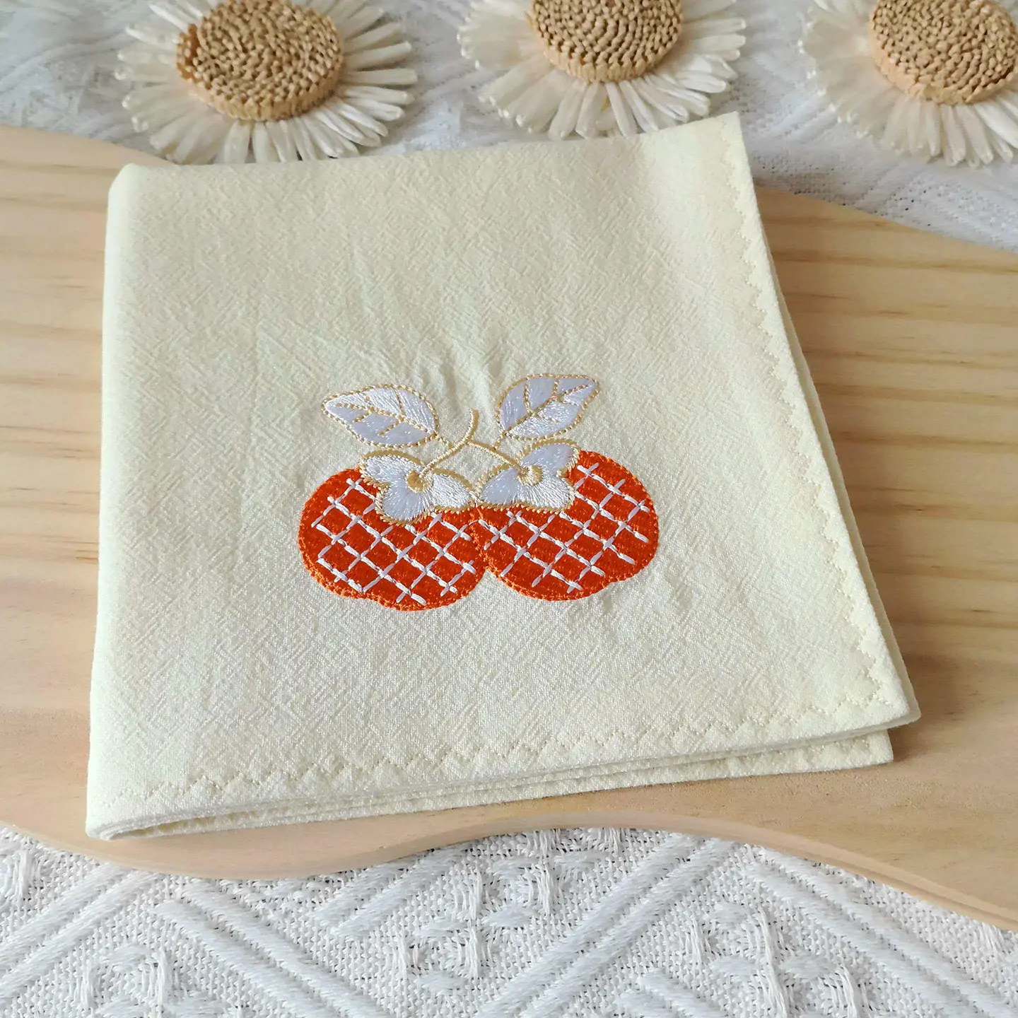 Chinese Style Embroidered Persimmon Good Luck Pattern Handkerchief 100 Percent Cashmere Soft Sweat Absorbent Beige Pocket Square