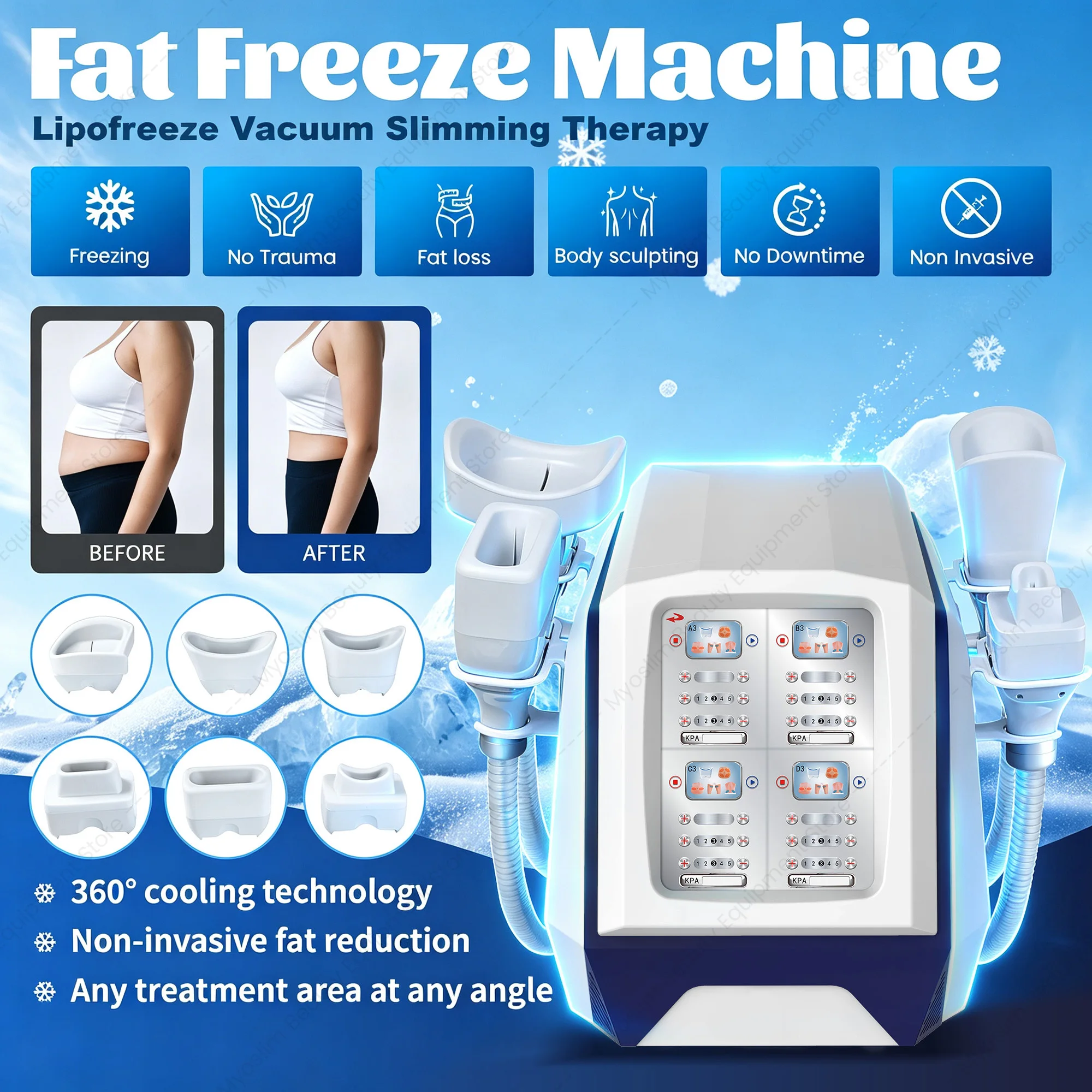 4 Handles 360° Cryolipolysis Body Slimming Machine 6 Cartridges Fat Freezing Cellulite Removal Non Invasive Salon