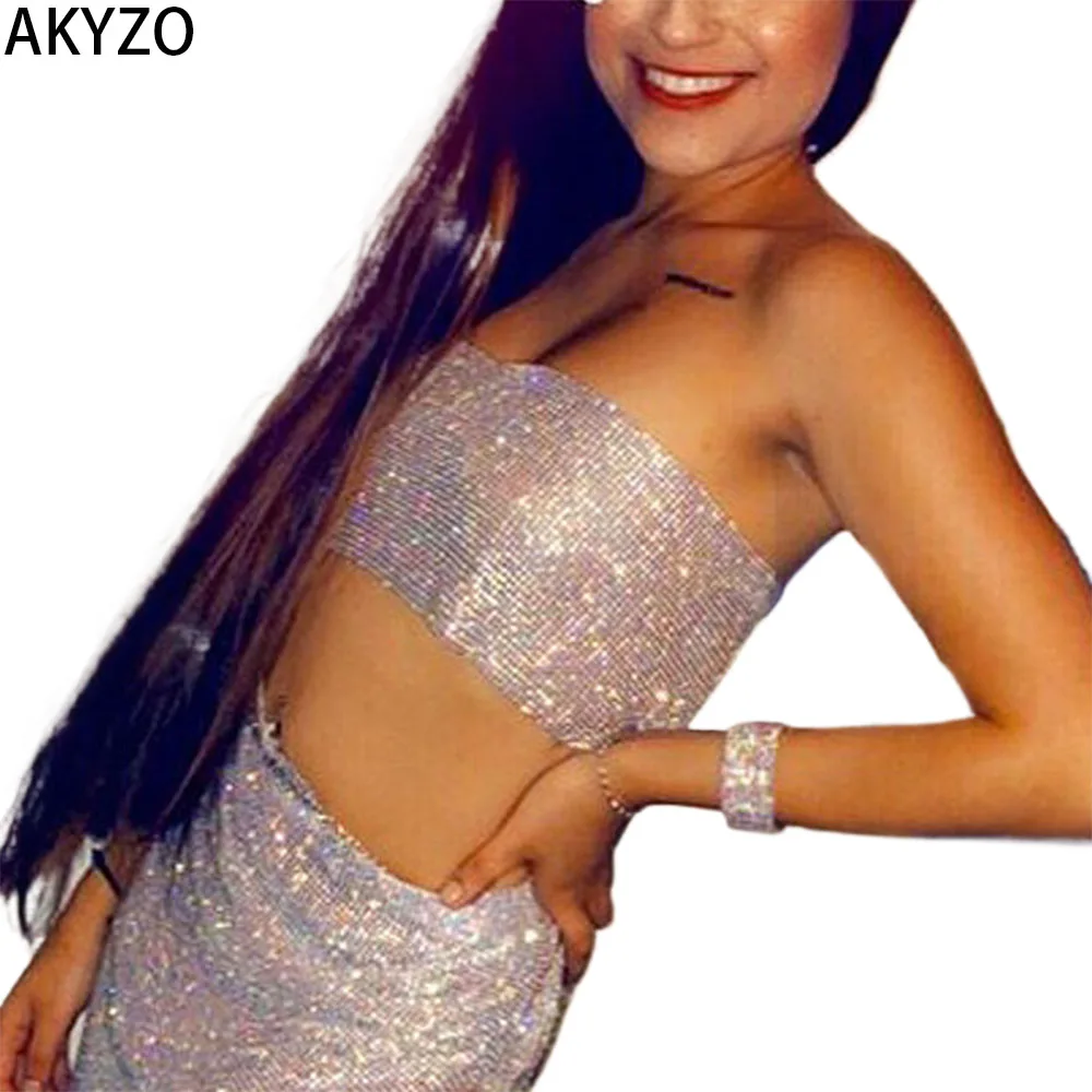 

AKYZO Backless Sparkly Sequin Mermaid Crop Tube Top Elegant Sleeveless Strapless Top For Party & Club Women's Clothing