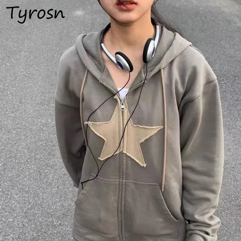 

Hooded Sweatshirts Women Star Printed Zip Up Hoodies OL Couple Thicken Contrasting Colors Designed Casual Hipster Unisex Trendy