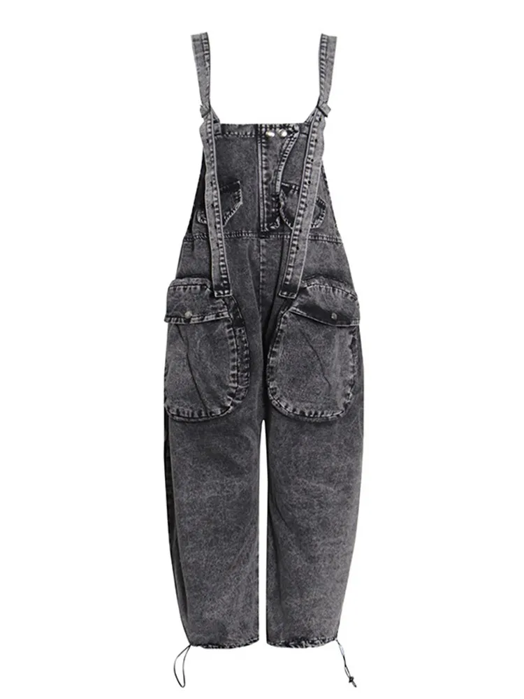 ECR Spliced Pockets denim jumpsuits For Women Square Collar  Sleeveless High Waist Loose Solid Casual Jumpsuit Female Fashion