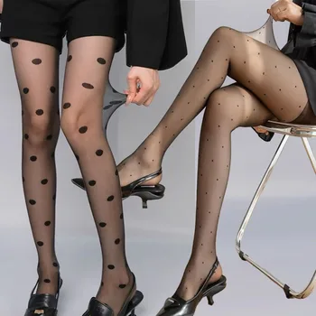 Sexy Polka Dot Stockings Women Translucent Tights Fishnet Mesh Seamless Pantyhose Nylon Black Nightclub Female Ladies Silk Socks