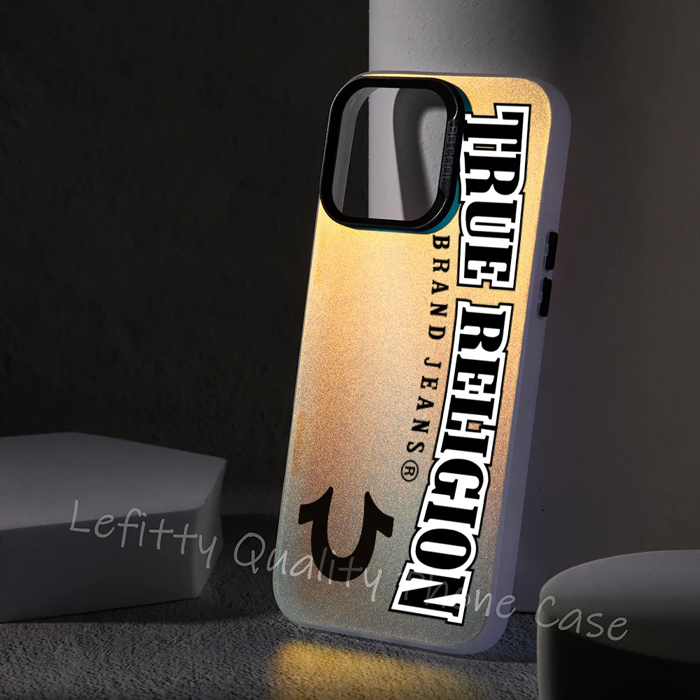 

Denim T-True-Religion Phone Case Laser Metallic For iPhone 16 15 14 13 12 11 Pro Max Matte Aurora Multicolor Cover