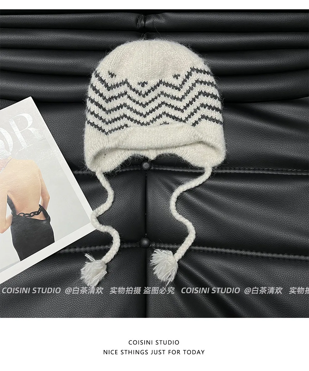 Wintermütze mit Ohrenklappen für Damen und Herren, gestreiftes Chevron-Muster, mit Fleece gefüttert, mit Quasten, warme Beanie-Mütze, winddicht, für kaltes Wetter, Skimütze. – Detail 10