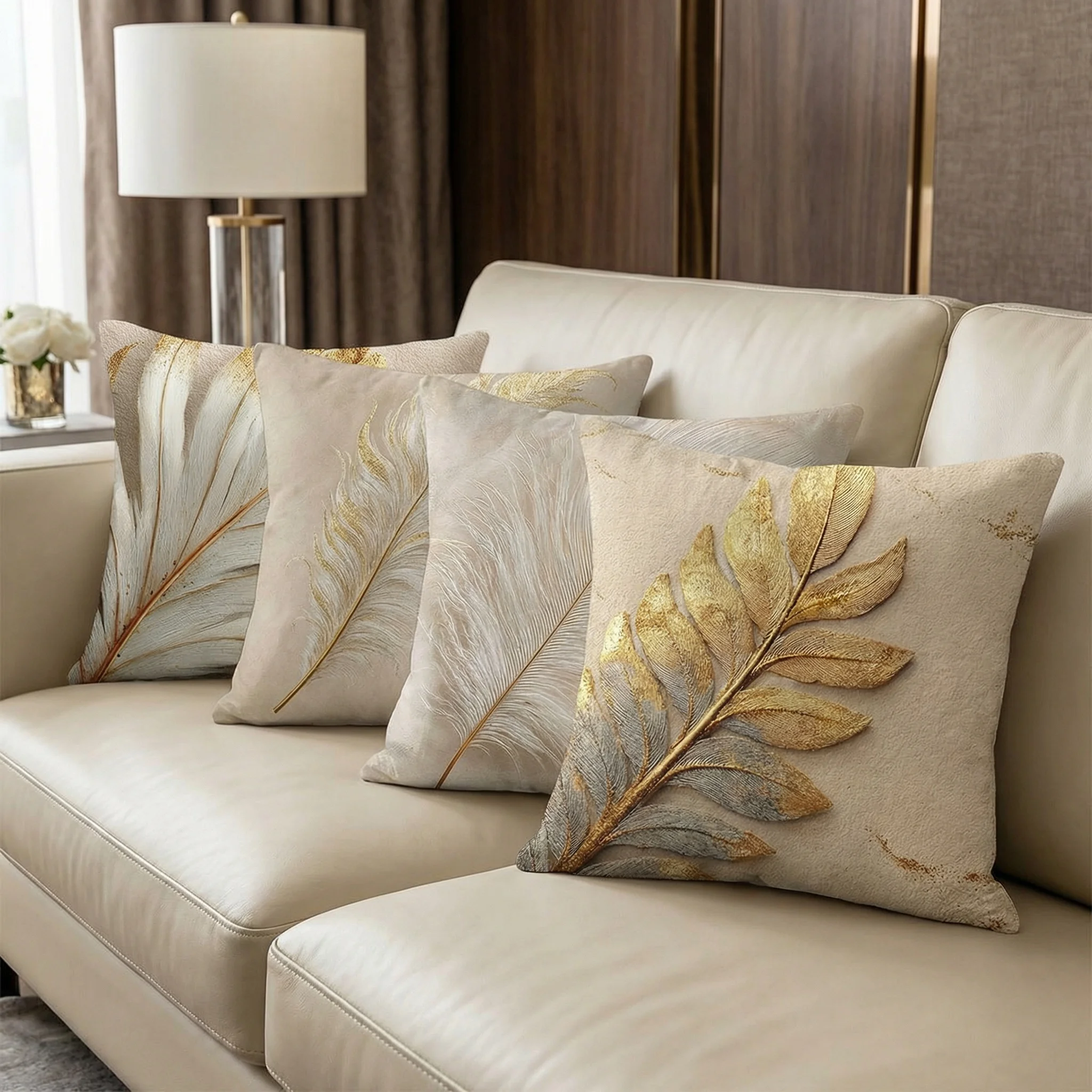 Golden Feather Cushion Cover Soft Square Decorative Pillow Case for Home Wedding Gift 2D Printing