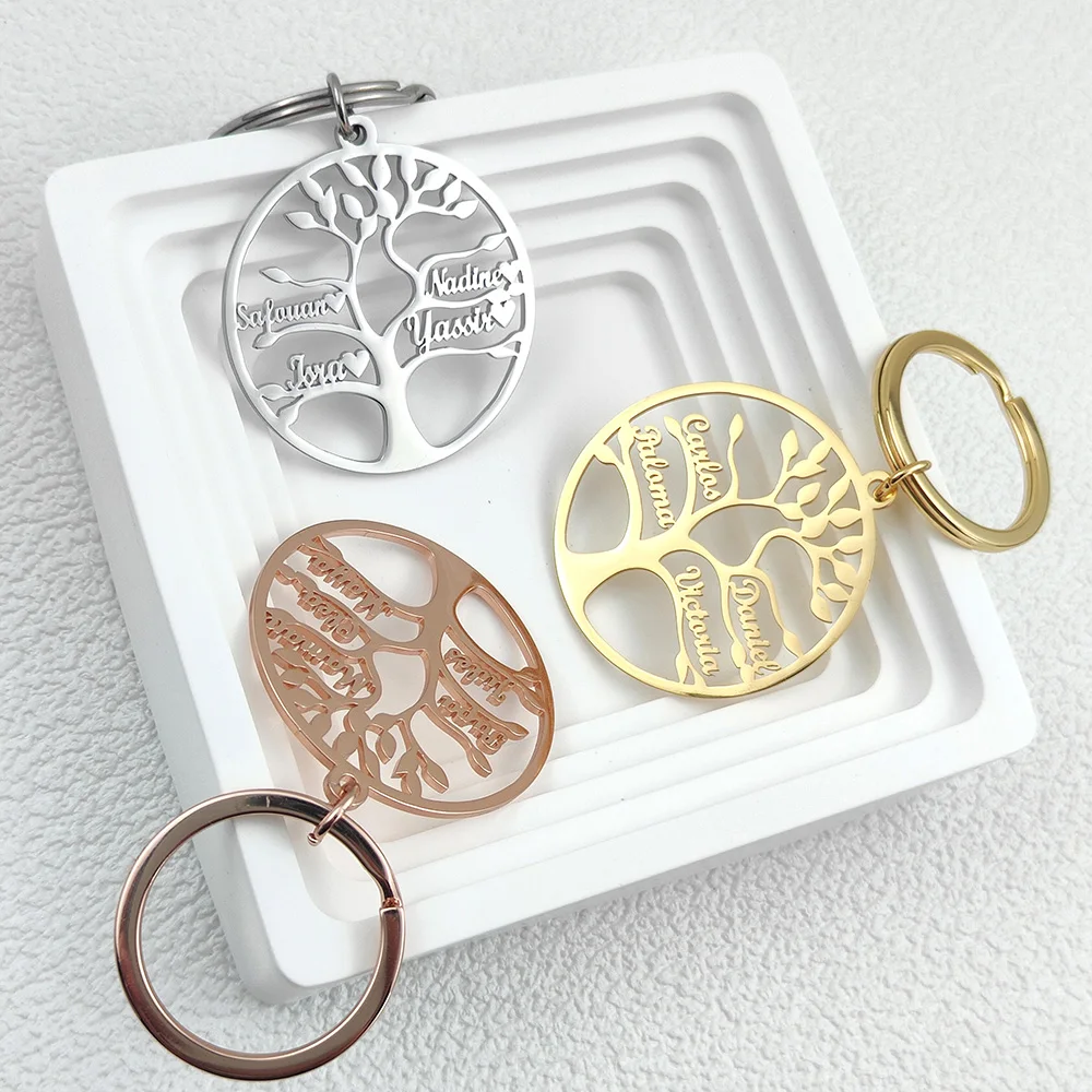 Personalized Custom Family Member Names Keychain Stainless Steel Mens Round Tree of Life Pendant Keychains Fashion Jewelry Gifts