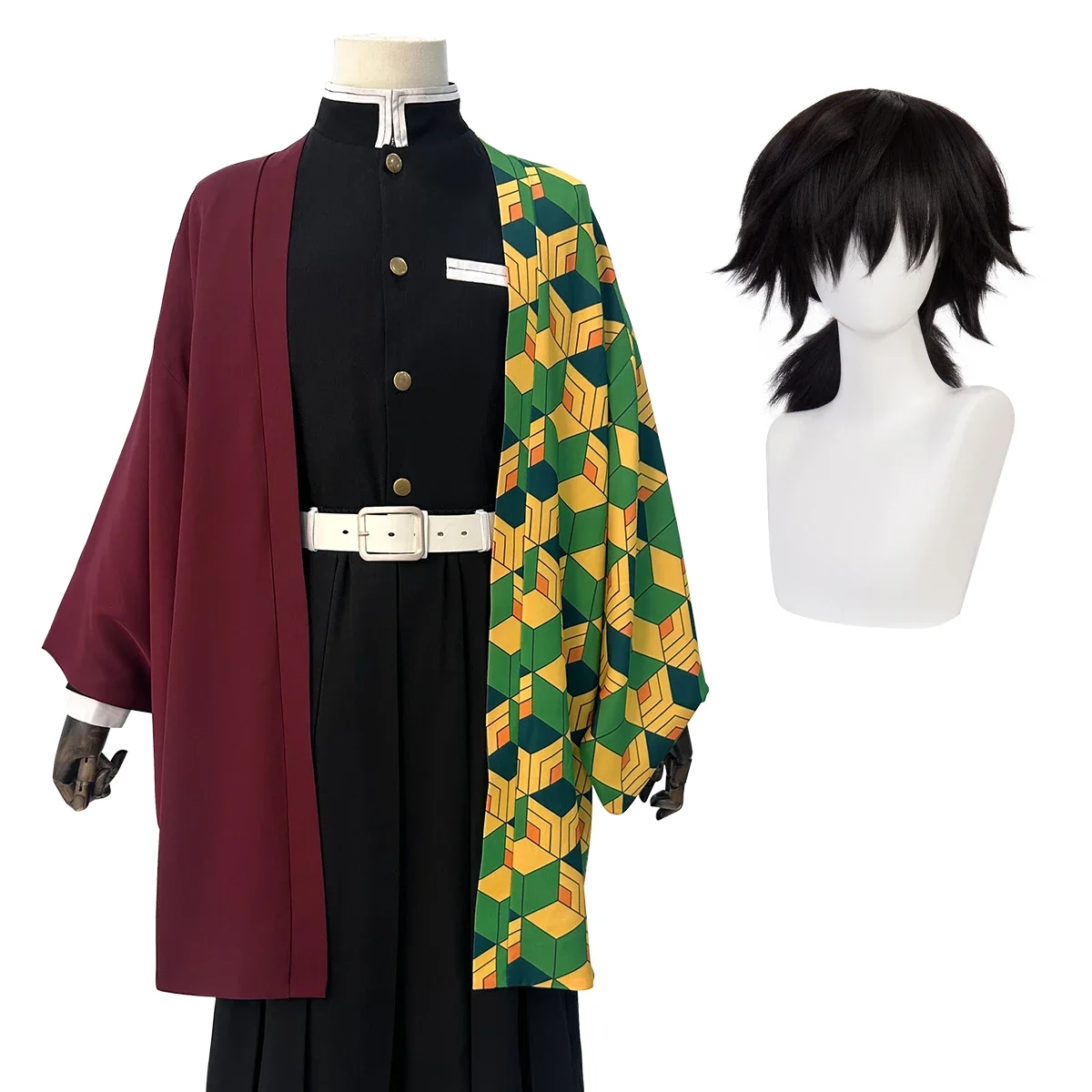 Disfraz de Cosplay de Tomioka Giyuu, Peluca, Haori, Top Bordado, Pantalones Elásticos, Cinturón, Red de Rosas, para Halloween y Navidad