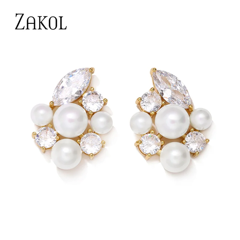 ZAKOL Fashion Imitation Pearl Symmetry Stud Earrings Shinny Marquise Zircon Wedding Earring for Women Party Jewelry EP5559