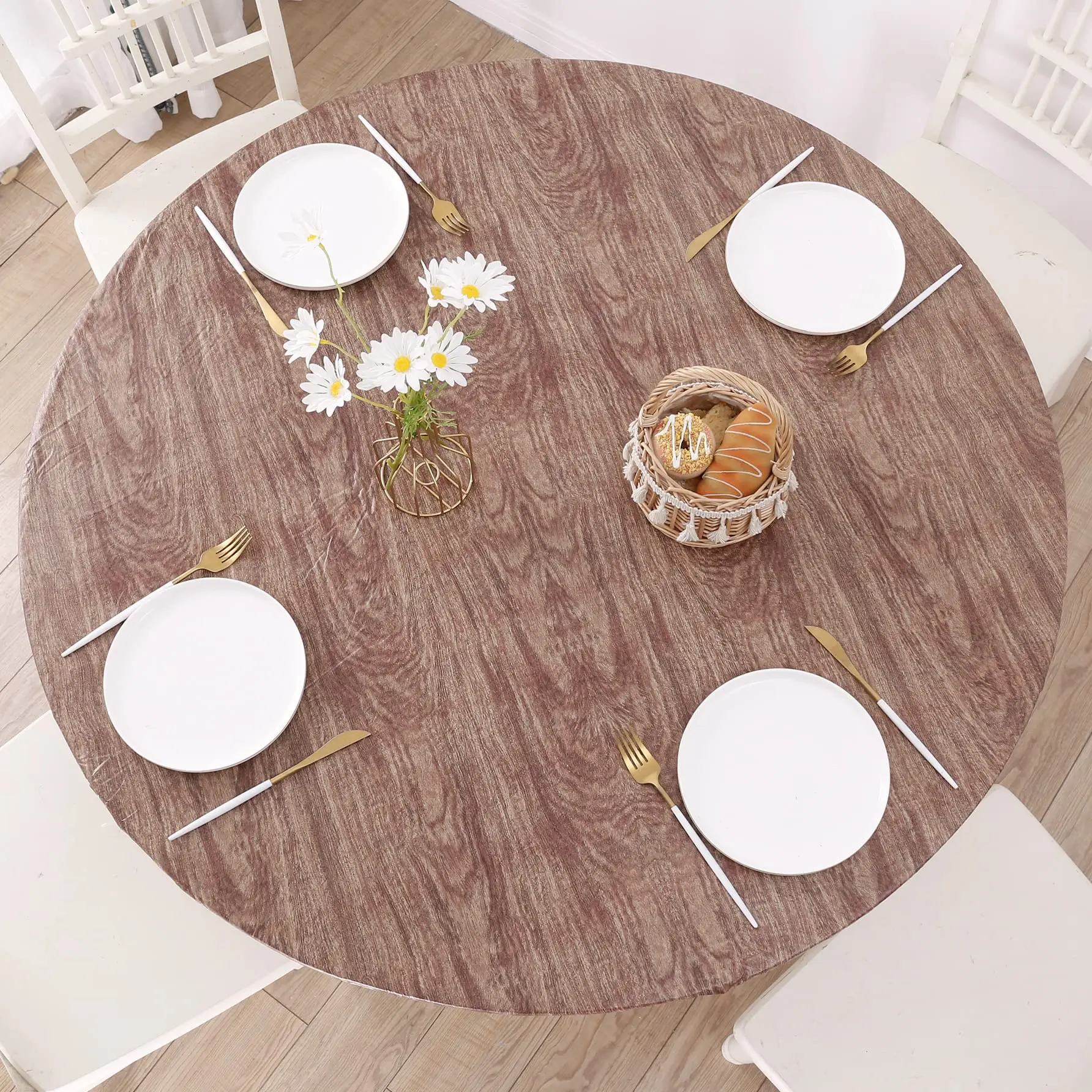 

Round Vinyl Fitted Tablecloth with Flannel Backing Elastic Edge Design Waterproof Oil-Proof Table Cloth Best for 37"-44" Round