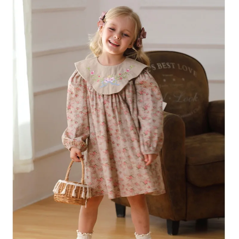 Children's clothing retro floral doll collar girls dress 2024 autumn flower embroidery sweet children's princess skirt