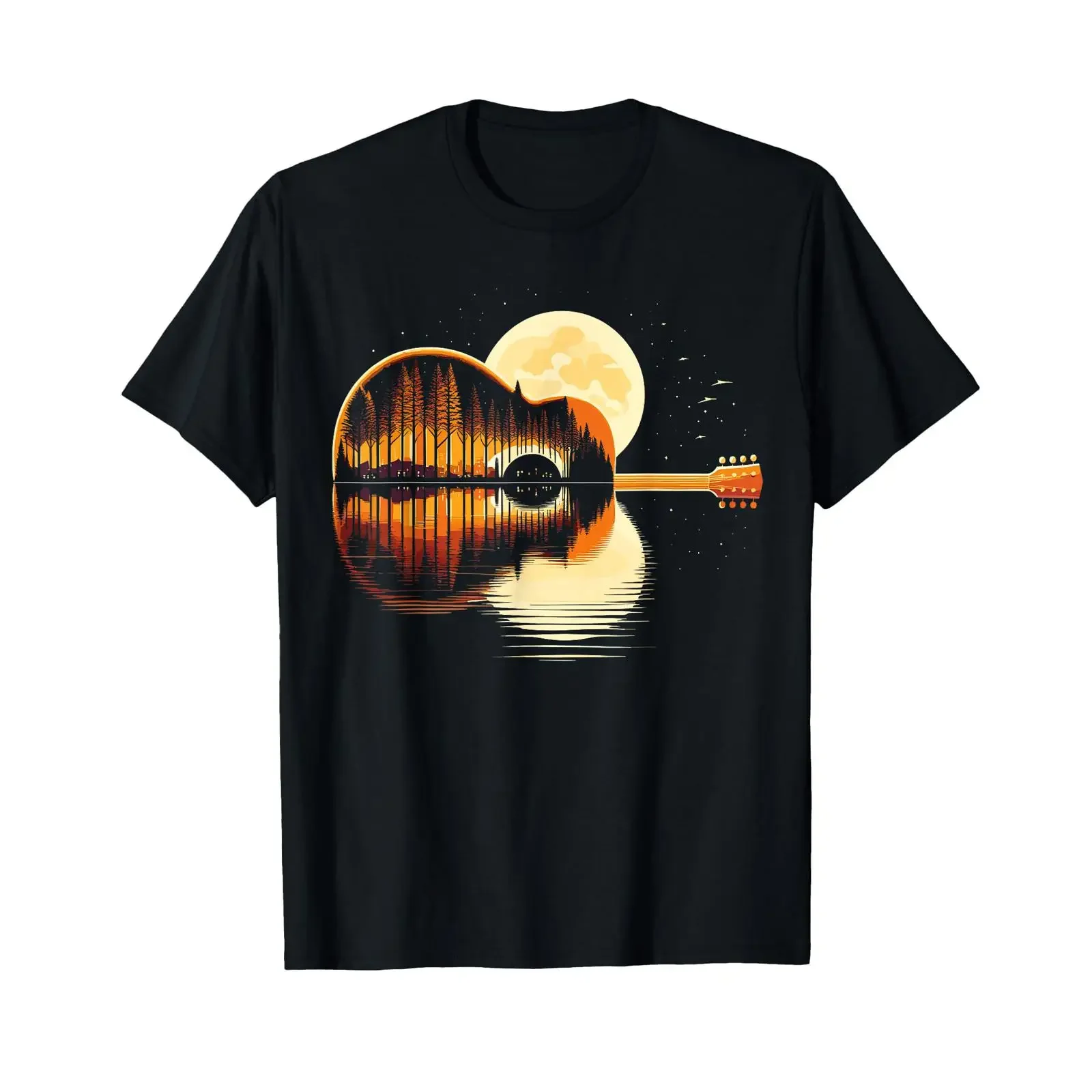 Guitar Nature Moon Retro Guitarist Acoustic T Shirt vintage Washed Stretched Unisex Versatile fashion Top For Everyday Wear