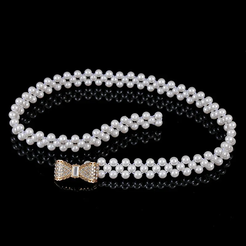 Pearl Waist Chain Womens Large Pearl Inlaid Diamond Elastic Belt Skirt Dress Clothing Waist Decor Beaded Belt Bow Tie Buckle