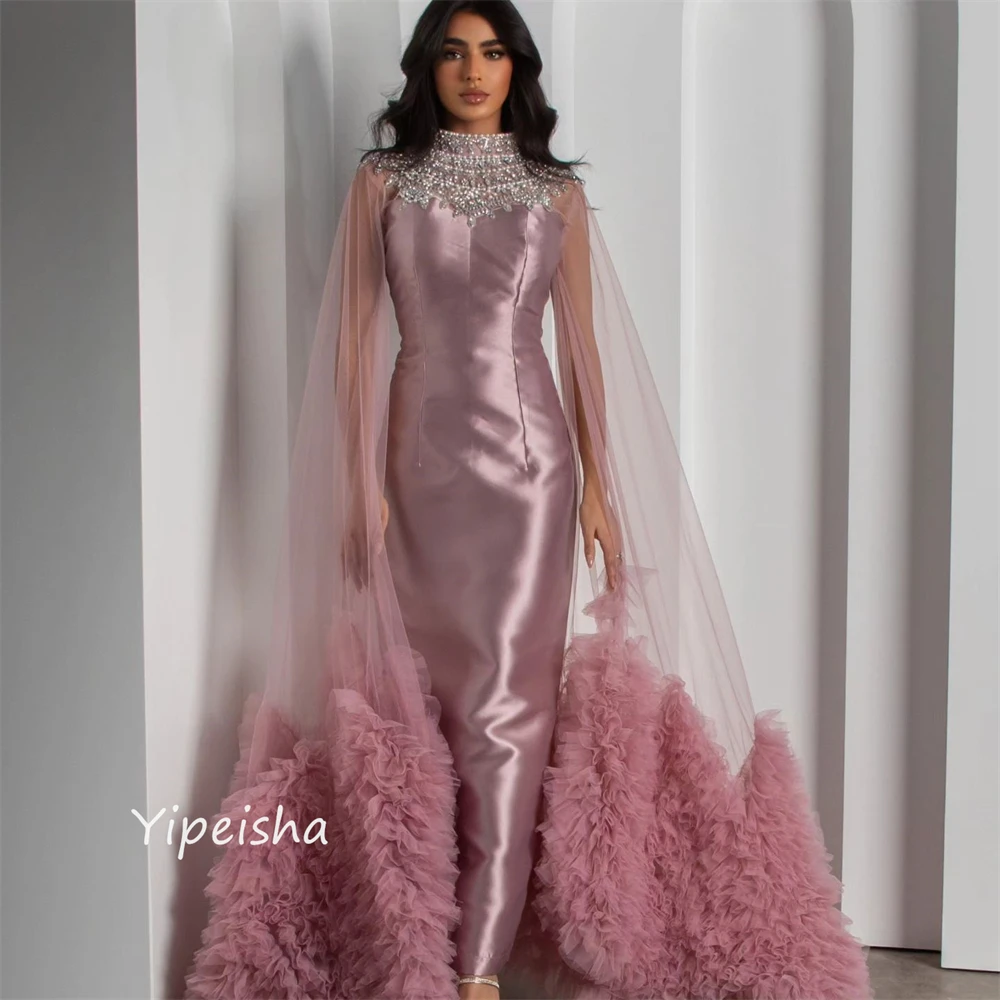 Exquisite Ballkleid mit hohem Kragen Perlen Pailletten Tüll bodenlangen Satin maßge schneiderte Anlass Kleider Abend