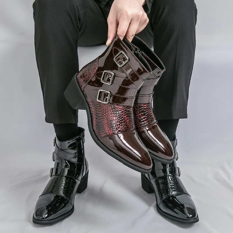 レトロファッション メンズ チェルシーブーツ 大きいサイズ 46 グリッターレザーブーツ メンズ ハイヒール ハイカット ドレスシューズ メンズ ボタス パラ オンブレ
