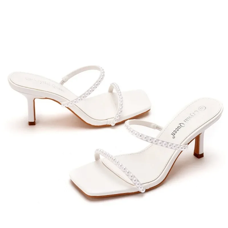 Fashion Summer Women High Heels Sandals String Bead Slip On PU 7CM Thin Heels Office Work Korean Style Women Shoes White