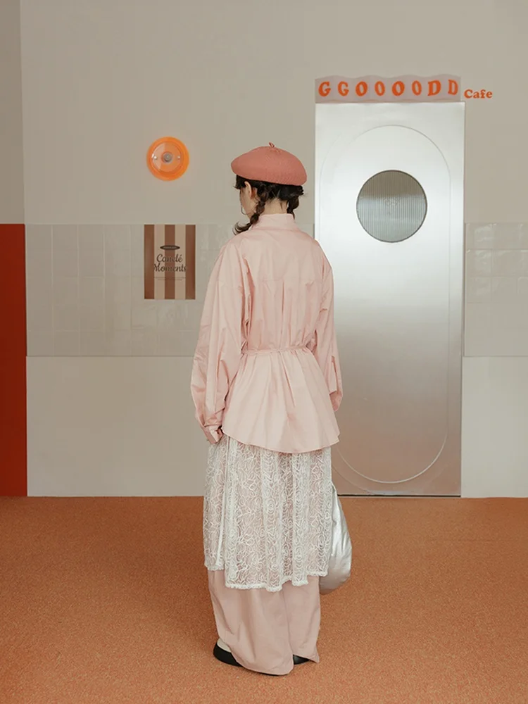 

Queenop Spring Summer New Women's Canele Embroidered Wide Sve Long irt with Belt 0025784 Cotton Casual Breathable