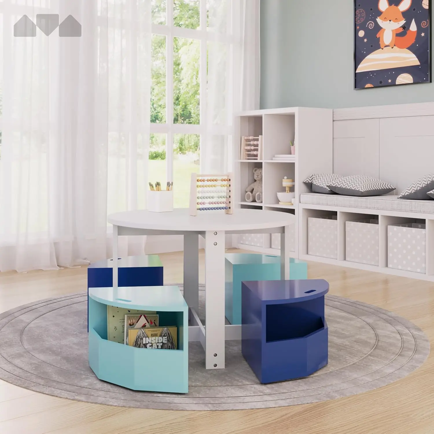 Set tavolo e sedie per bambini – Tavolo da attività rotondo per bambini con 4 sgabelli portaoggetti, design ad incastro, blu