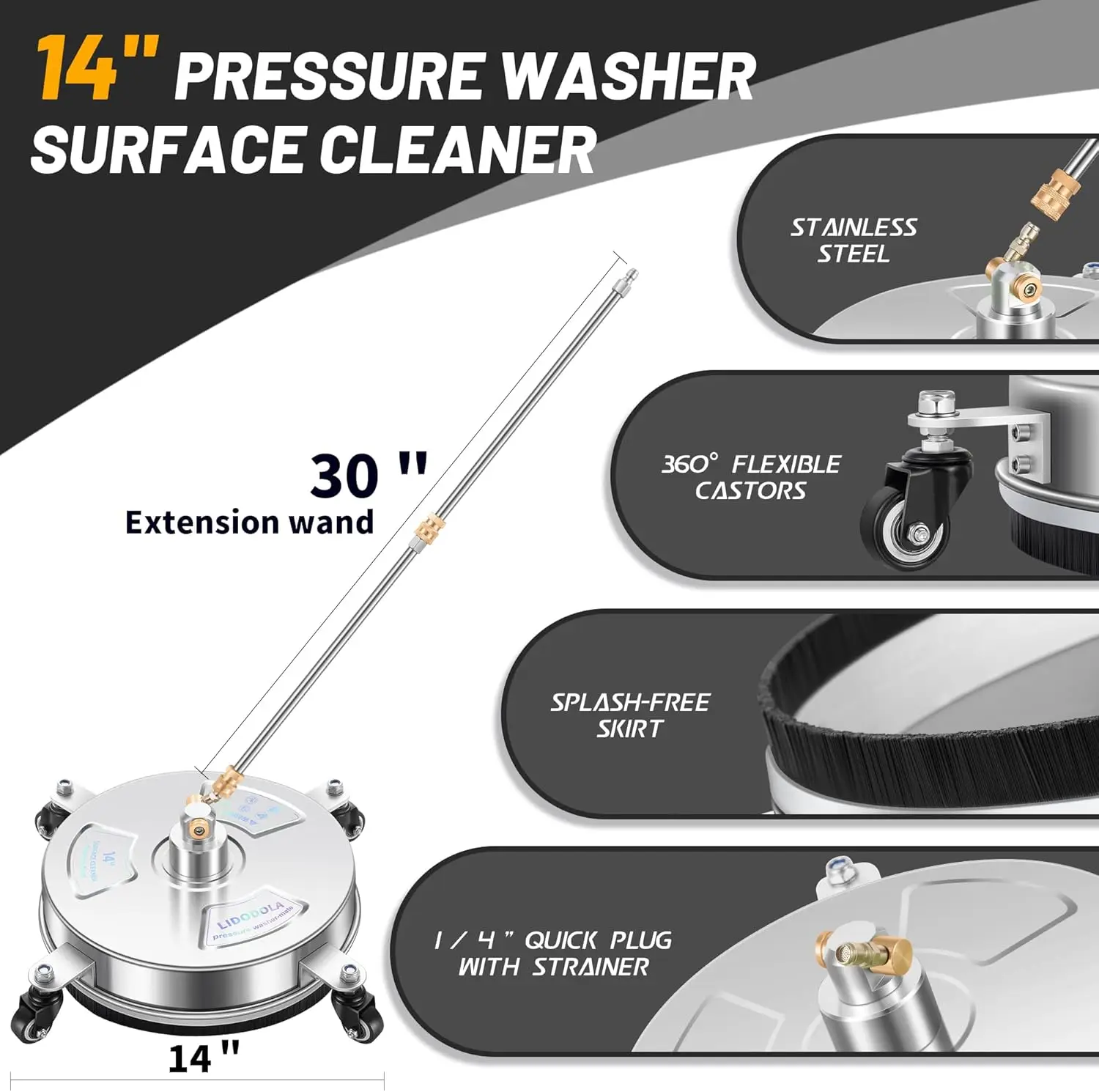 Concrete Patio Cleaning Stainless Steel 14-Inch 4-Wheel Surface Cleaner with High Pressure