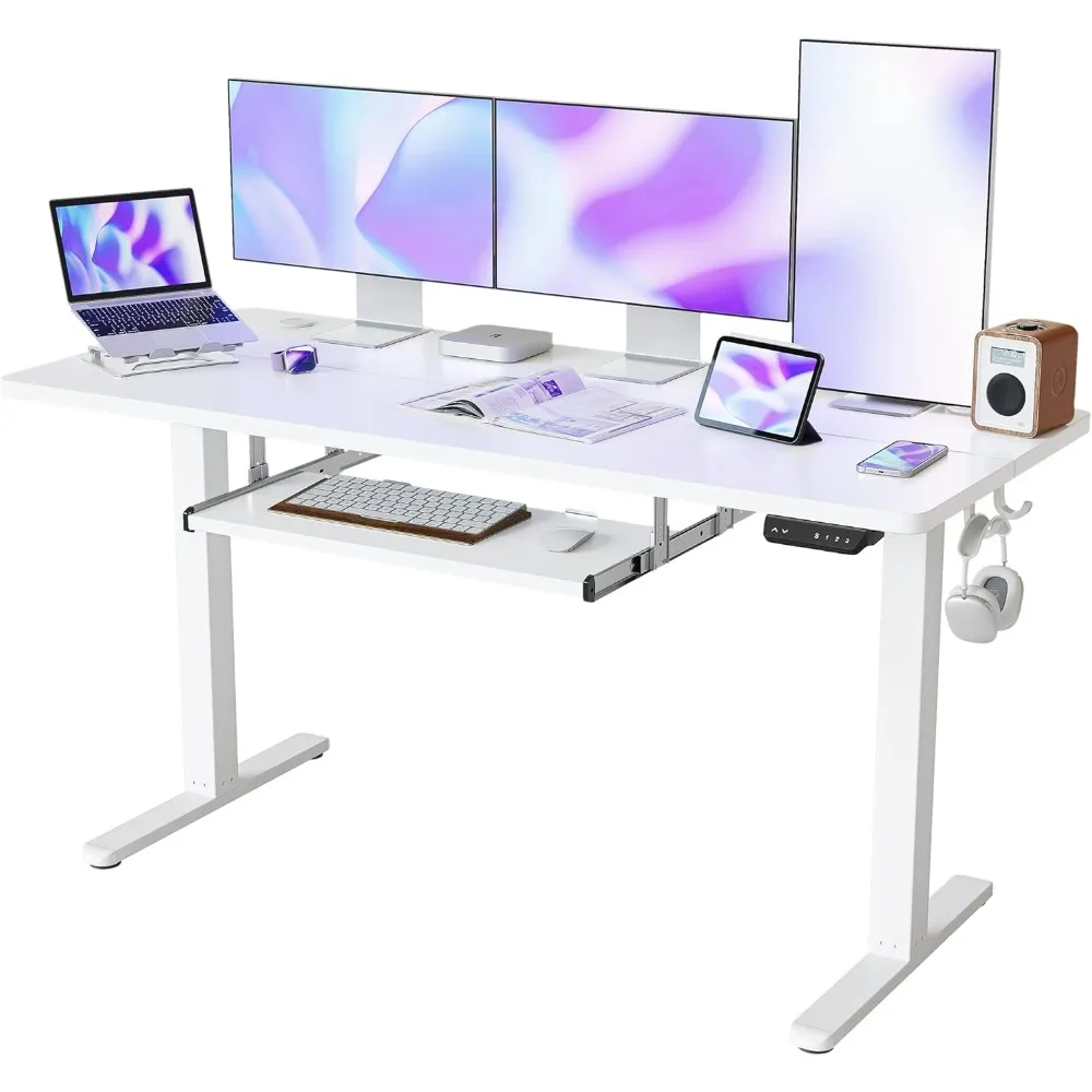 

Standing Desk with Keyboard Tray, 63 × 24 Inches Electric Height Adjustable Desk, Sit Stand Up Desk, Computer Office Desk, White