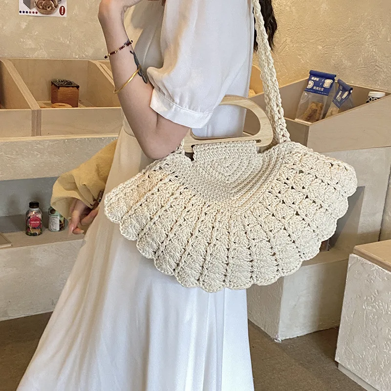 

Cream Fan Hollow Crochet Woven Tote Bag Wooden Top Handle Detachable Knit Strap Lightweight Breathable Summer Shoulder Bag