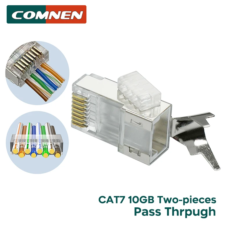 COMNEN RJ45 Modular Plug CAT8 CAT7 CAT 6A Pass Through Network Connectors Gold-Plated 8P8C Crimp End for Ethernet Cable FTP/STP