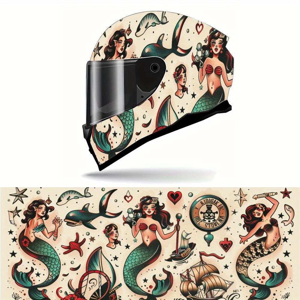 

Fantastic Sea Retro Tattoo Style Full Face Helmet Vinyl Wrap Sticker, Waterproof Scratch-Resistant Self-Adhesive PVC Decals, Art