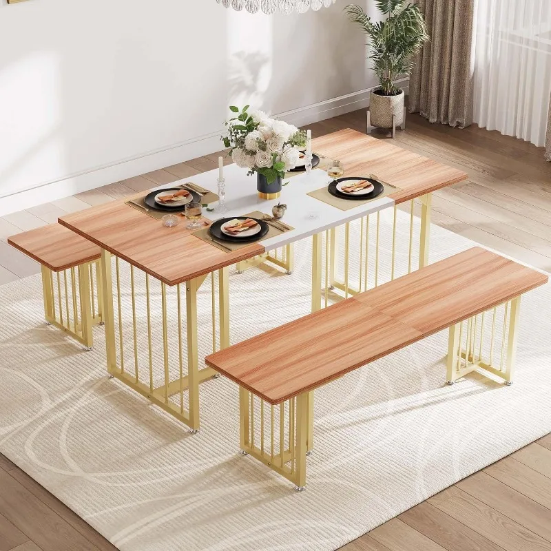 Juego de mesa de comedor Rectangular de 3 piezas para 4-6 personas, mesa de cocina de 63 "con 2 bancos, juego de mesa de comedor de granja