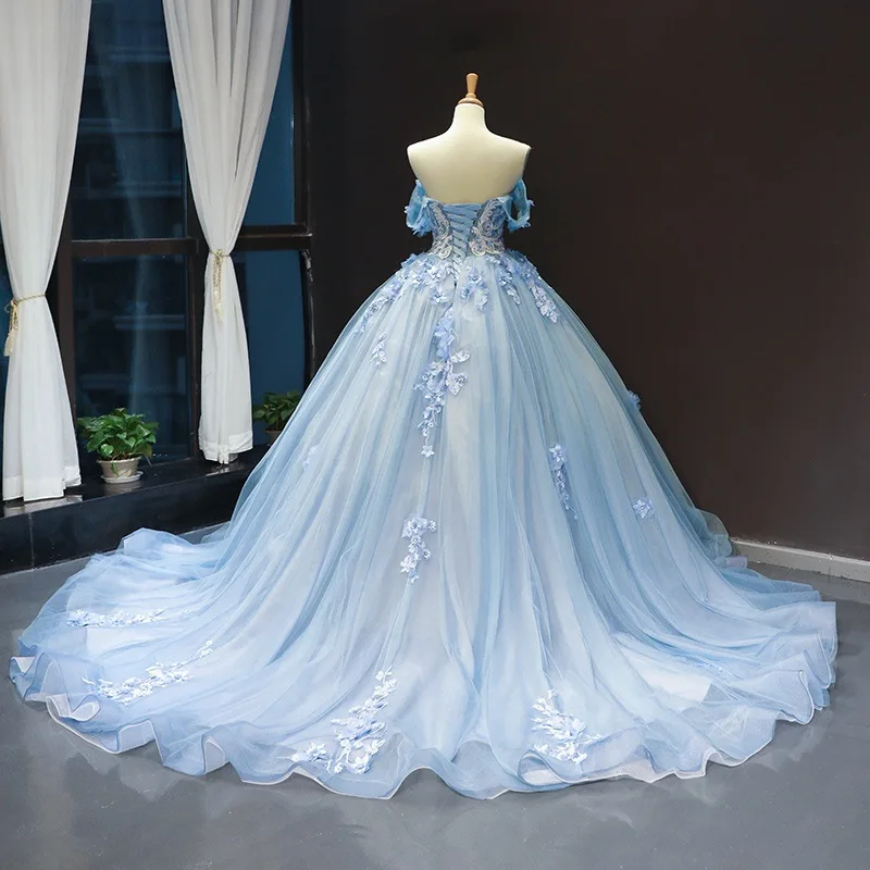 

Banquet evening dress female tube top host long puffy skirt art exam bride wedding temperament high-end blue colored yarn