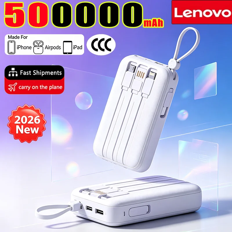 Lenovo Mini 50000mAh Fast Charge Powerbank, 4 Integrated Type-C Cables Portable External Battery for Smartphone Devices